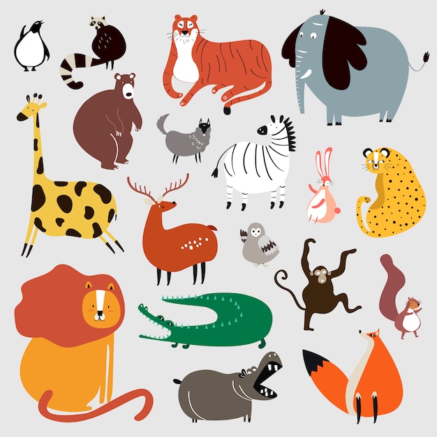 Collection of cute wild animals in cartoon style vector