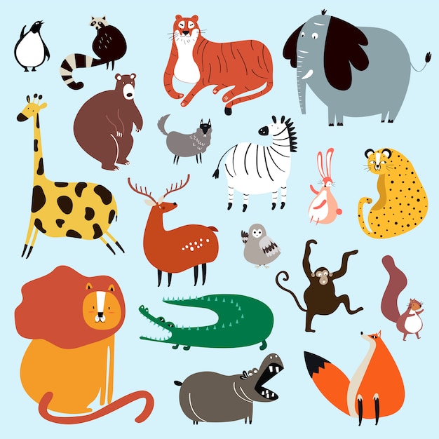 Raccolta di simpatici animali selvatici in stile cartone animato vettoriale