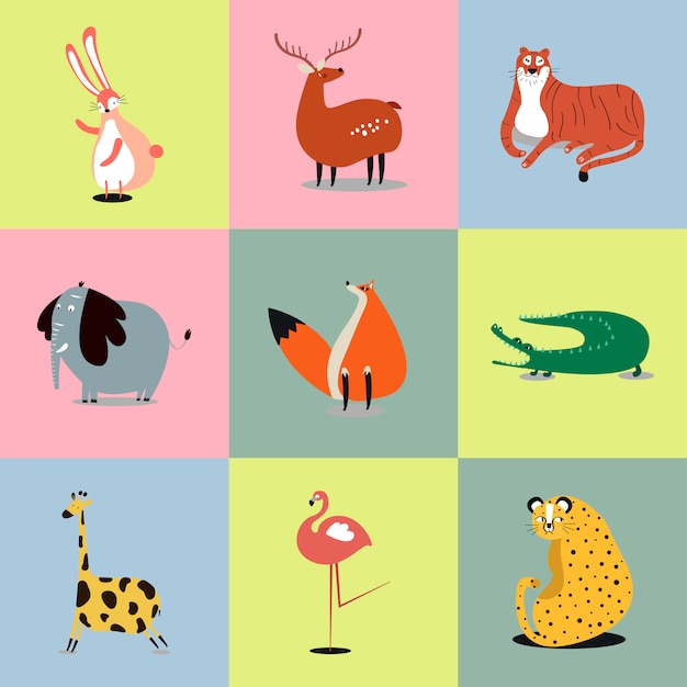 Collection of cute wild animals illustrations