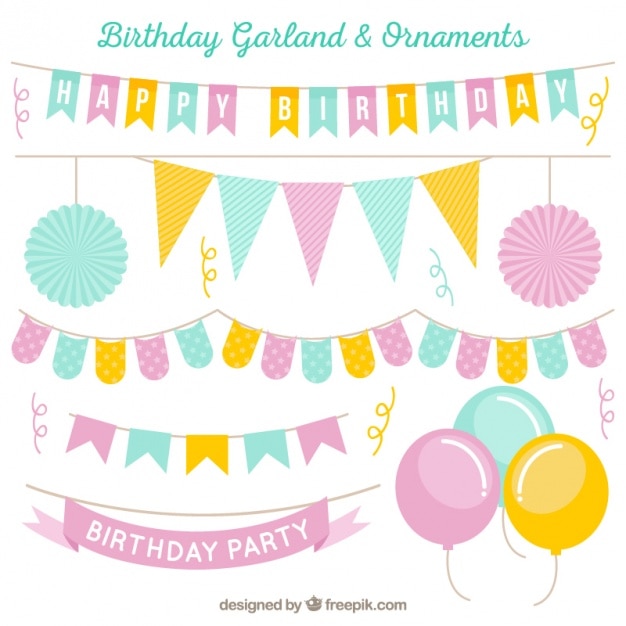 Collection of decorative birthday garlands in pastel tones