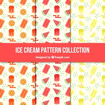 Collection of decorative patterns with ice creams and fruits