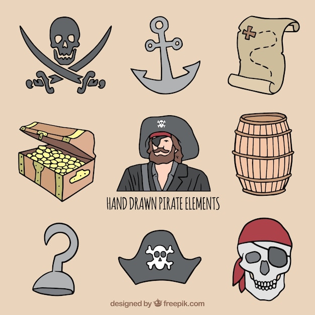 Vettore gratuito collezione di elementi decorativi pirata in stile disegnato a mano