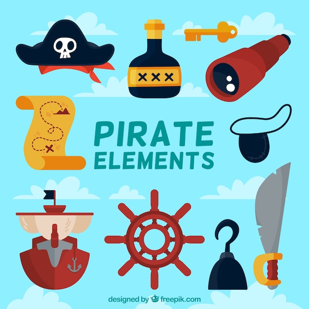 Collection of decorative pirate objects in flat design