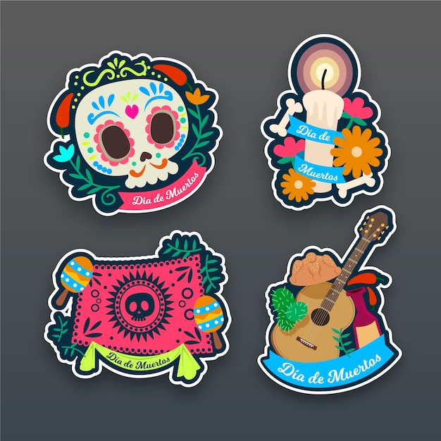 Free vector collection of dia de muertos badge in flat design