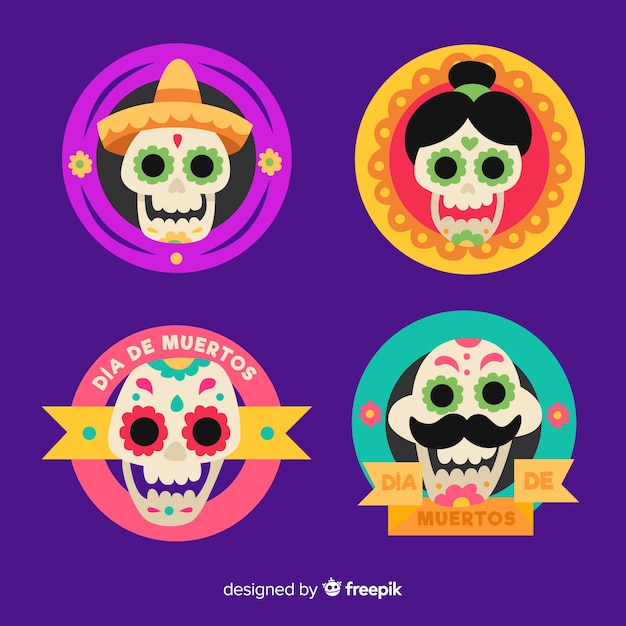 Collection of dia de muertos badge on flat design