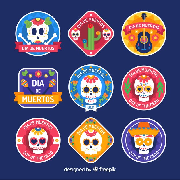 フラットなデザインのdia de muertosラベルのコレクション