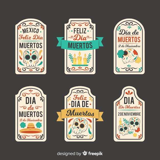 Collezione di etichette dia de muertos su design piatto