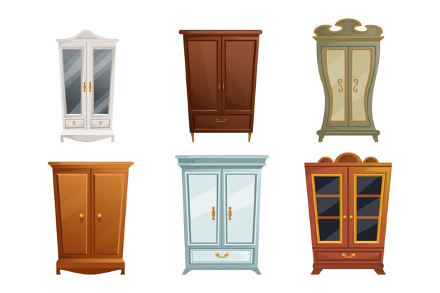 Collection of different cabinets and cupboards in classic style cartoon vector illustration. Wooden wardrobes, old fashioned furniture, vintage stuff isolated on white background. Interior concept