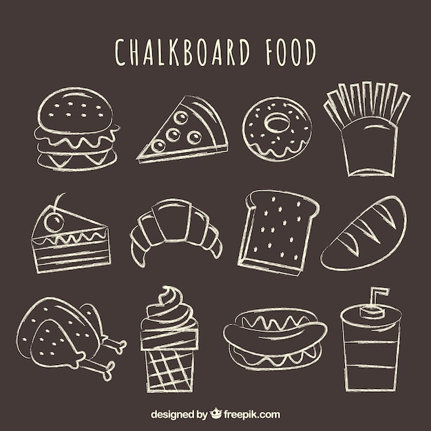 Collection of different foodstuff in chalk style