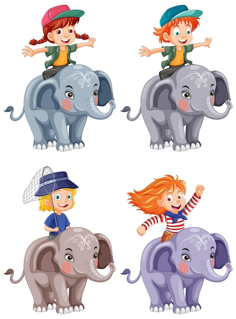 Free vector collection of different kids riding elephants