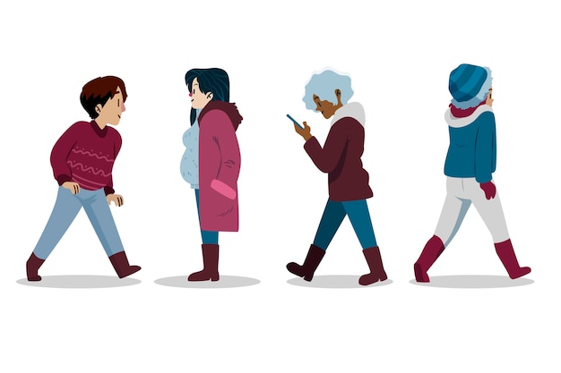 Free vector collection of different people in cozy clothes in winter