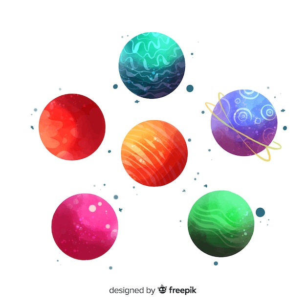 Free vector collection of different planets in watercolor