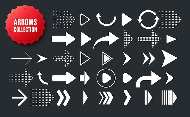 Collection of different shape arrows. set of arrows icons isolated on black Premium Vector