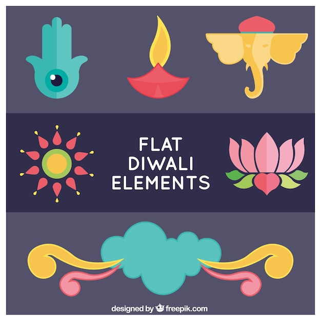 Vettore gratuito raccolta di elementi decorativi diwali in design piatto