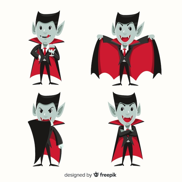 Free vector collection of dracula vampire character in flat design