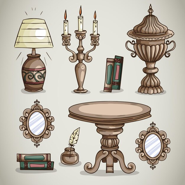 Collection of drawn antique market elements