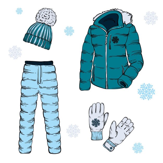 Collection of drawn winter clothes