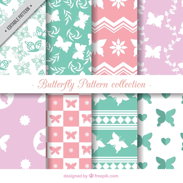 Free vector collection of eight butterfly patterns in pastel colors