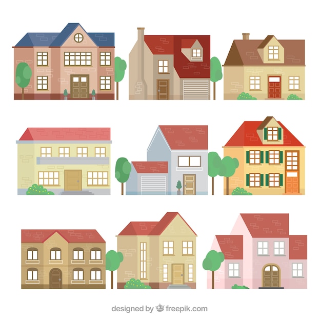 Collection of facades of beautiful houses in flat design