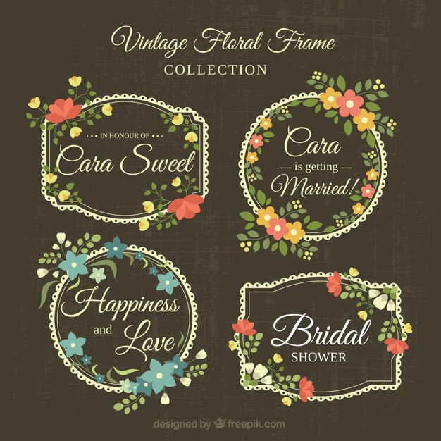 Collection of fantastic floral wedding frames in retro style