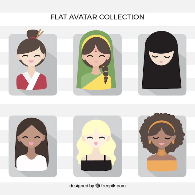 Collection of female avatars with ethnic style
