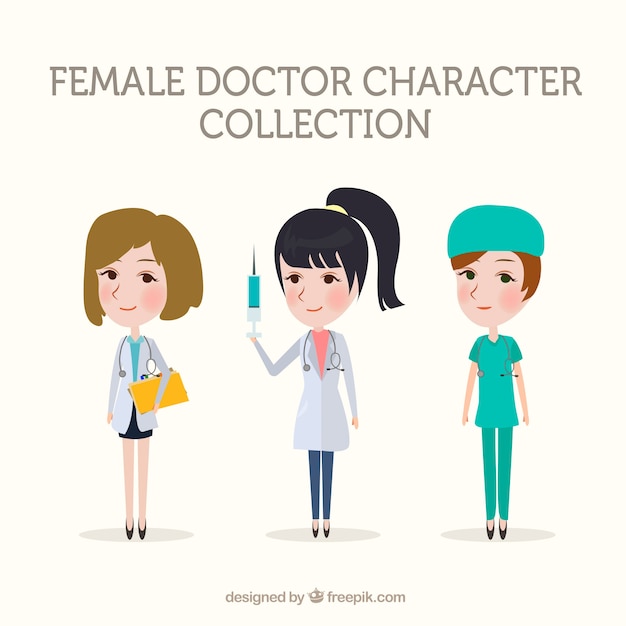 Collection of female doctors with vaccine and clipboard