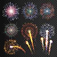 Free vector collection festive fireworks of various colors arranged on black isolated transparent set vector