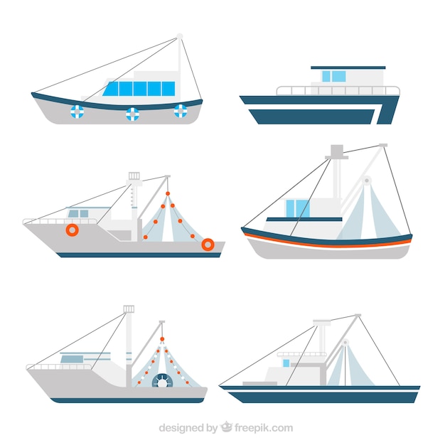 Free vector collection of fishing boats in flat design