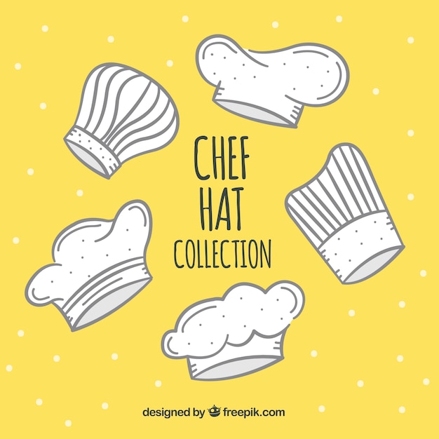 Collection of five chef hats in hand-drawn style