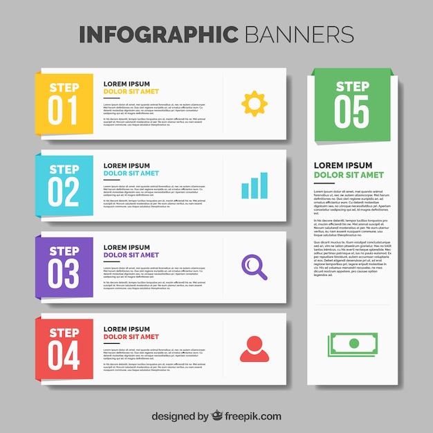 Raccolta di cinque striscioni infographic con dettagli di colore