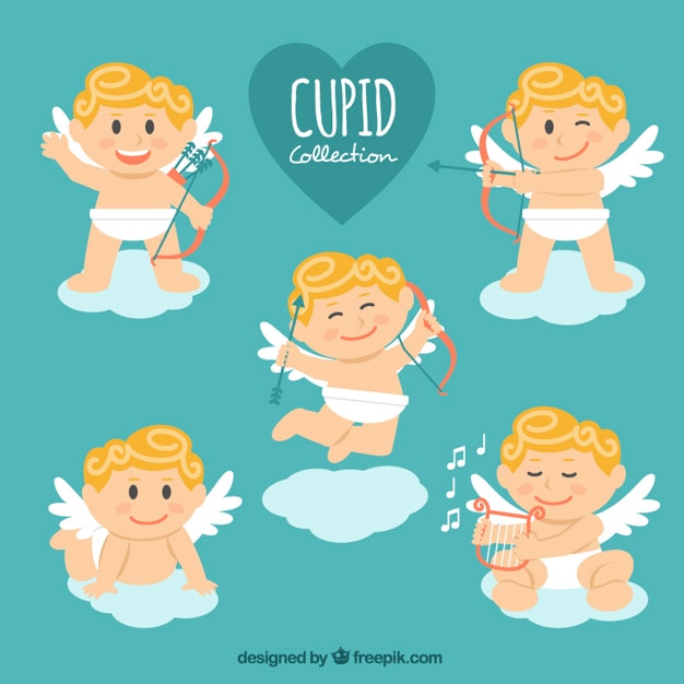 Free vector collection of five smiling cupid characters in flat design