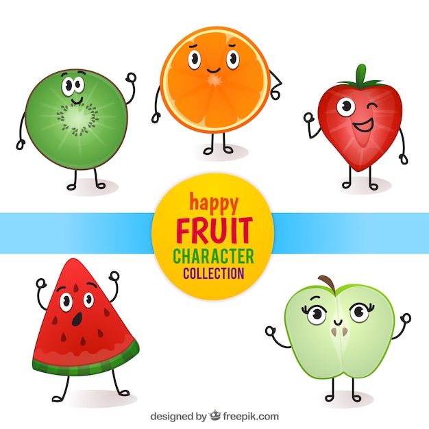 Collection of five smiling fruit characters