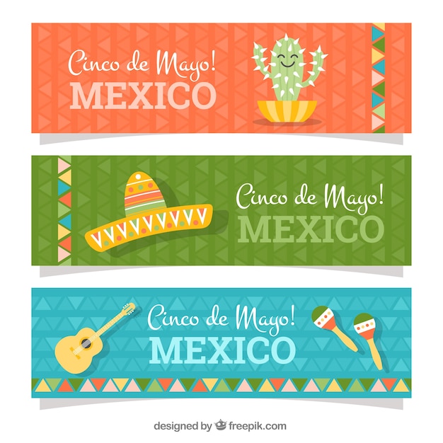 Collection of flat banners with items for cinco de mayo