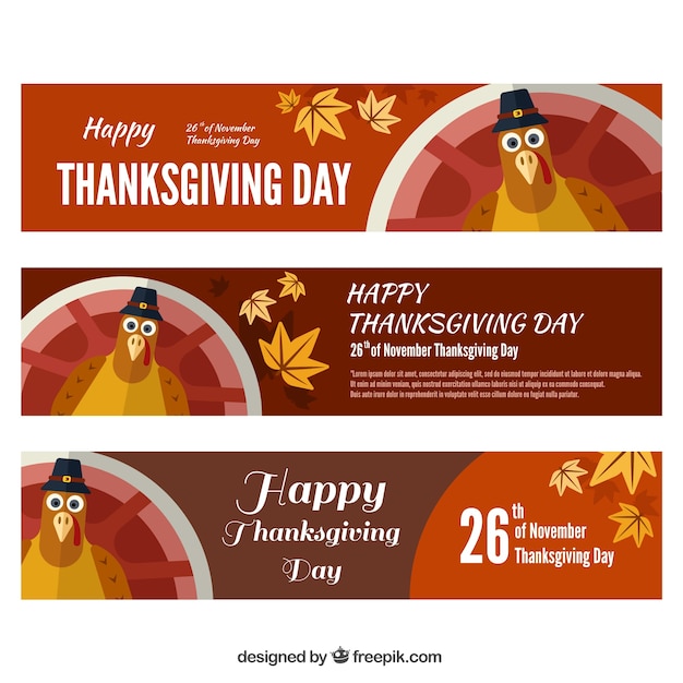 Free vector collection of flat banners with a turkey for thanksgiving day