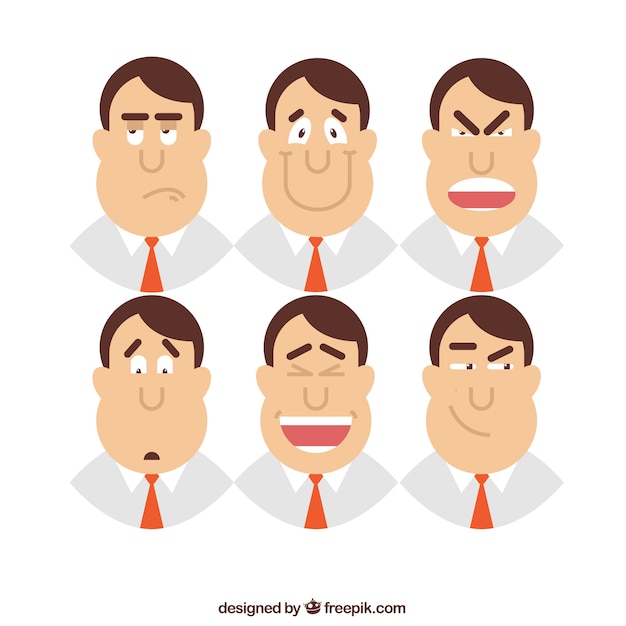 Vettore gratuito raccolta di imprenditore piatto con sei espressioni facciali