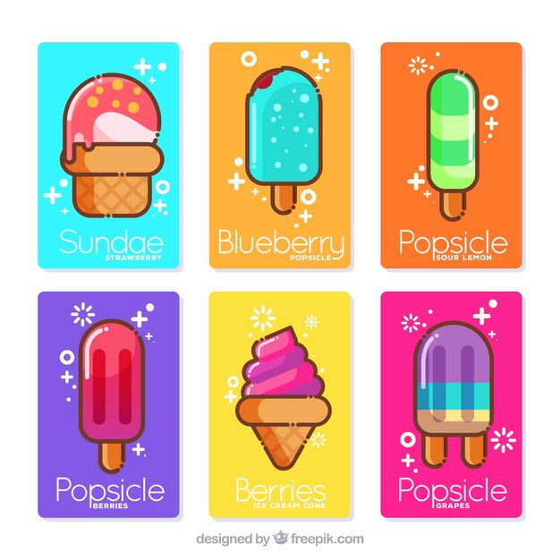 Collection of flat cards with different ice creams