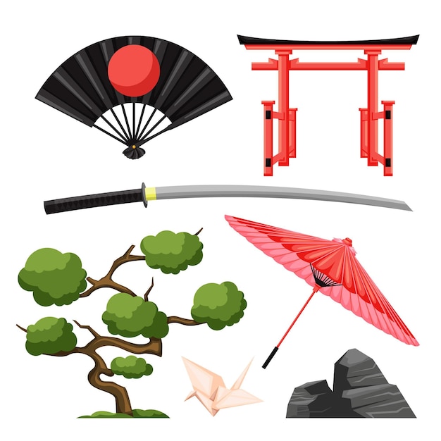 Коллекция плоских элементов дизайна древней японской культуры