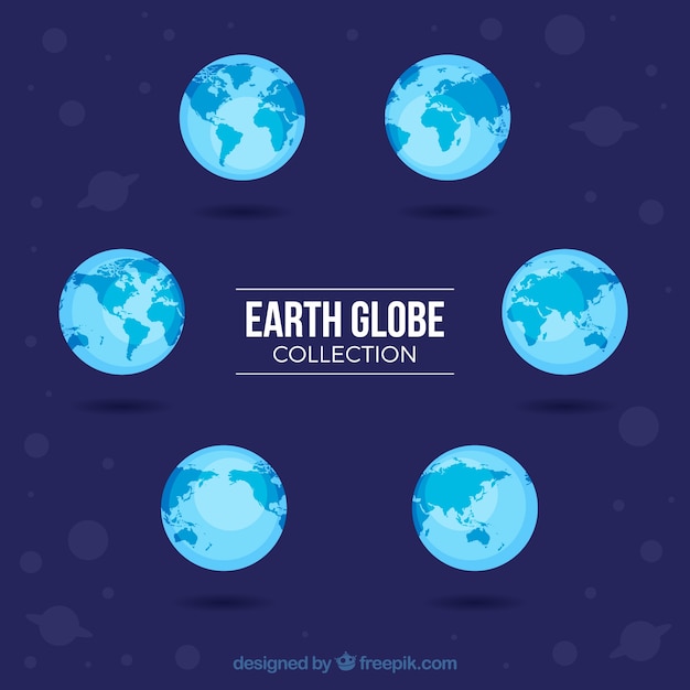 Collection of flat earth globes in blue tones Free Vector