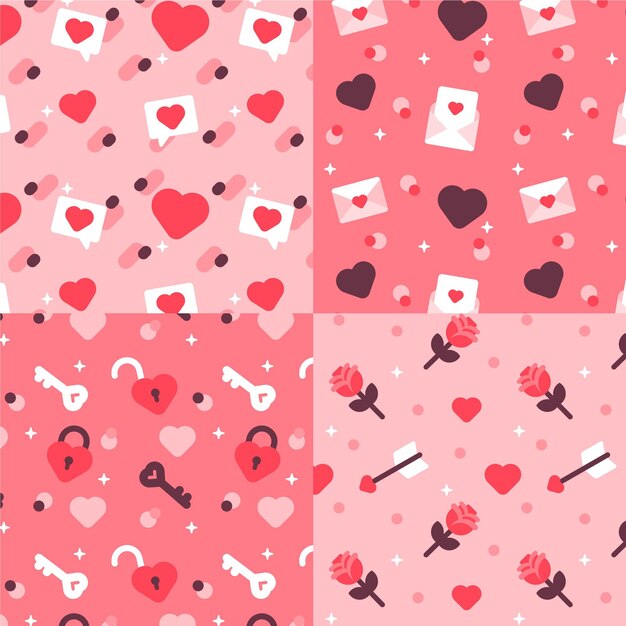 편평한 사랑스러운 발렌타인 패턴의 컬렉션