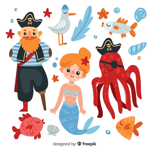 Free vector collection of flat marine characters
