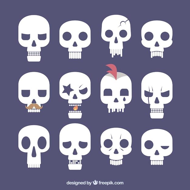 Collection of flat skulls with funny expressions