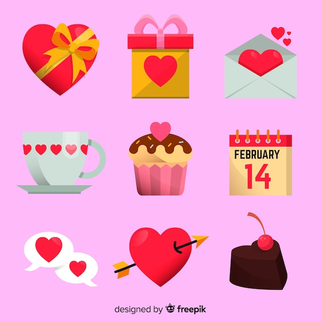 Free vector collection of flat valentines day elements