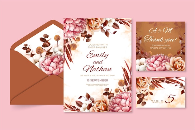 Collection of floral wedding stationery