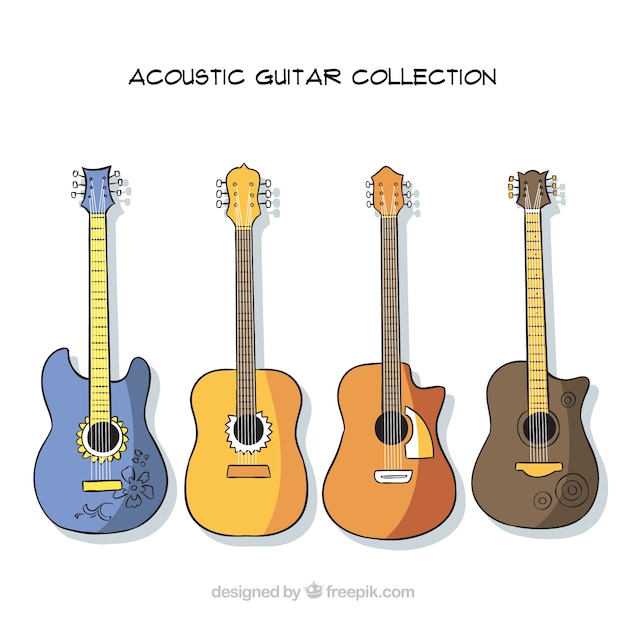 Collezione di quattro chitarre acustiche con disegni diversi