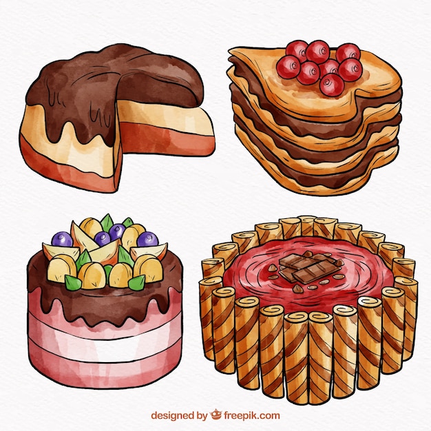 Free Vector collection of four beautiful watercolor cakes