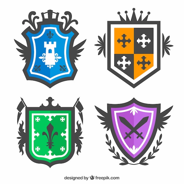 Collection of four colorful knight emblems