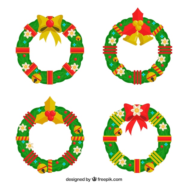 Collection of four decorated christmas wreaths