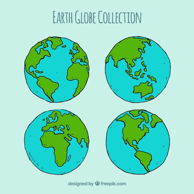 Free vector collection of four earth globes in hand-drawn style