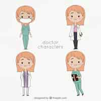 Vettore gratuito raccolta di quattro personaggi di dottore femminile