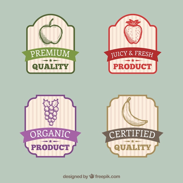 Free vector collection of four fruit labels in vintage style